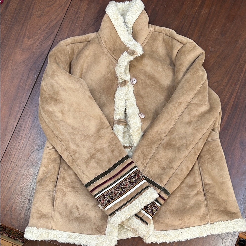 Coldwater Creek Tan Teddy Jacket with Embroidered Cuffs